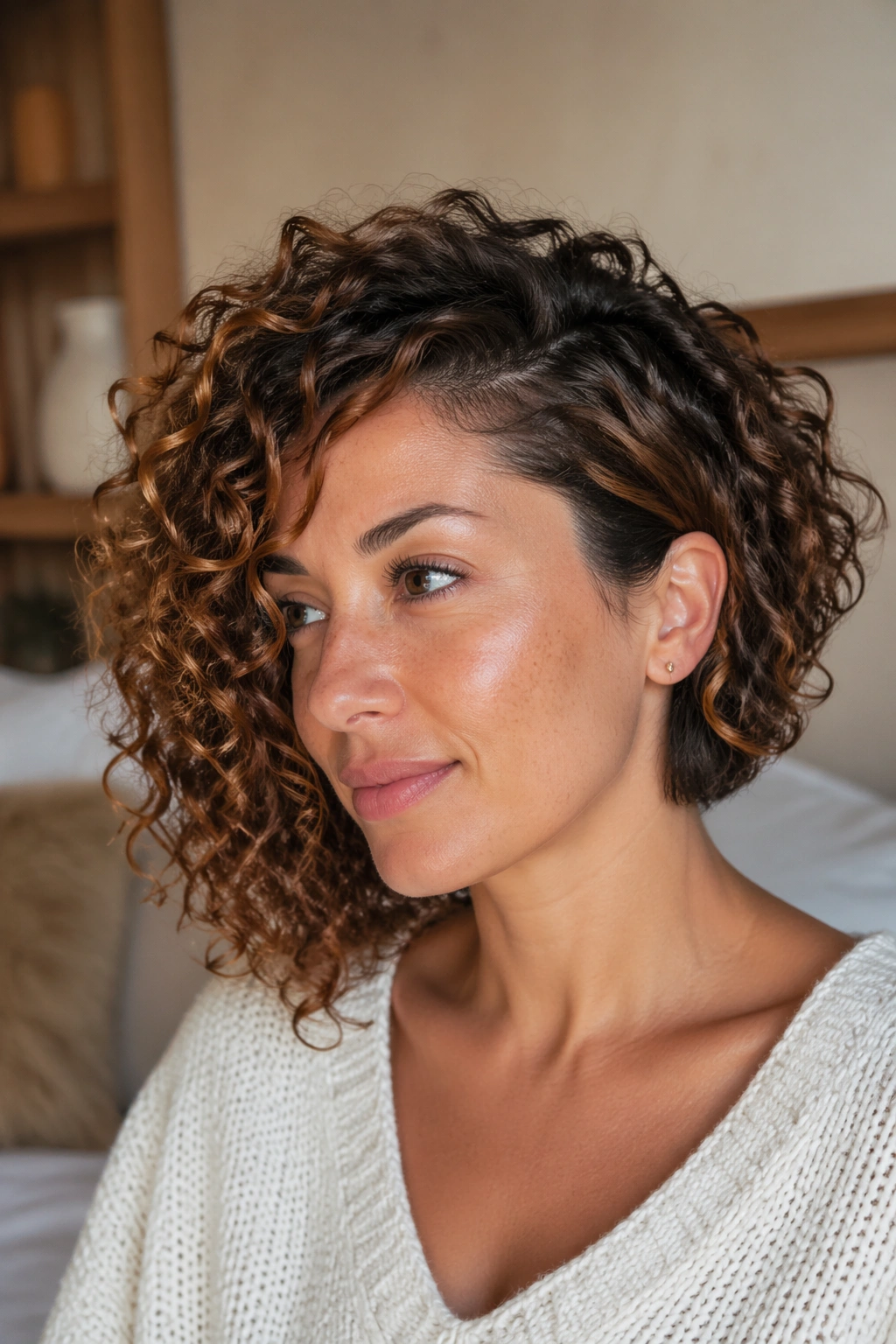 Close-up of woman with asymmetrical stacked bob
