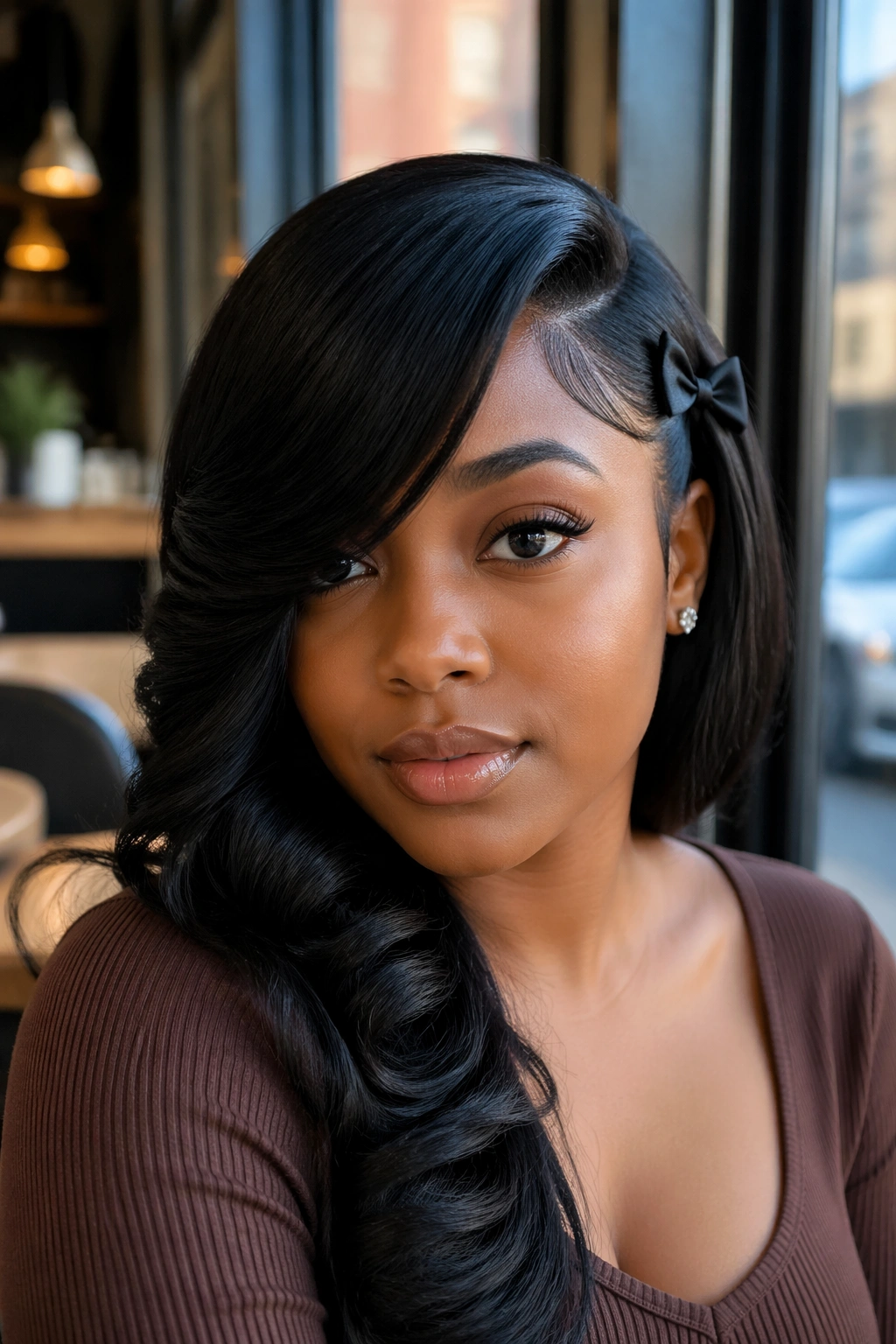 Close-up of a real woman with an asymmetrical swoop and chic mini bow in a cafe setting
