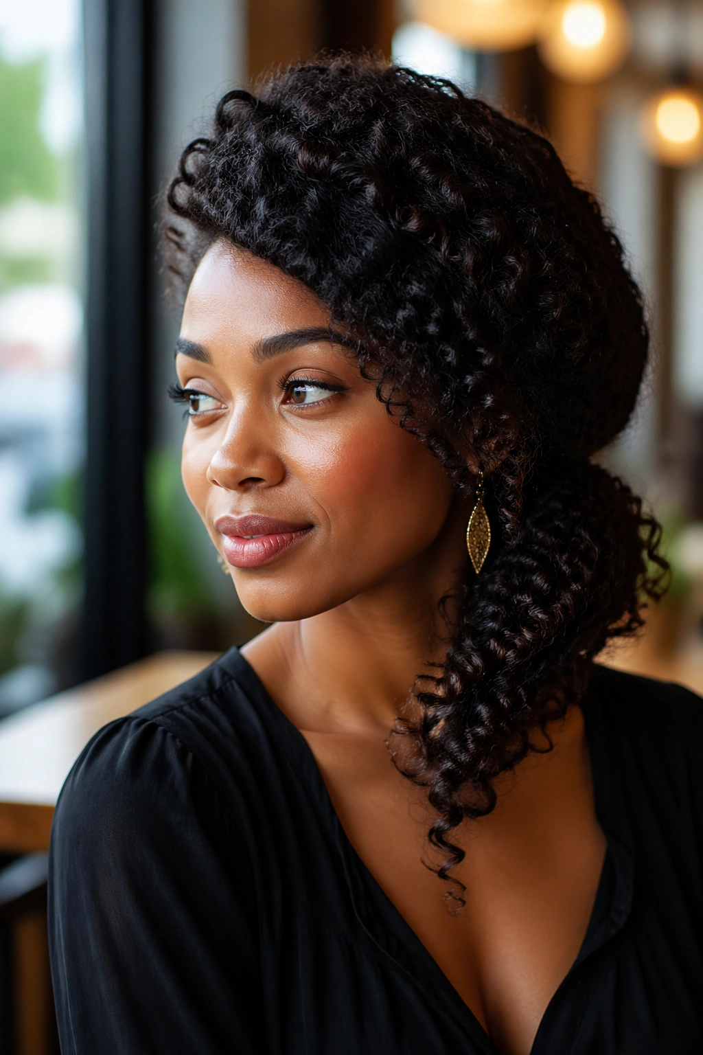 Real woman with an asymmetrical swept-updo