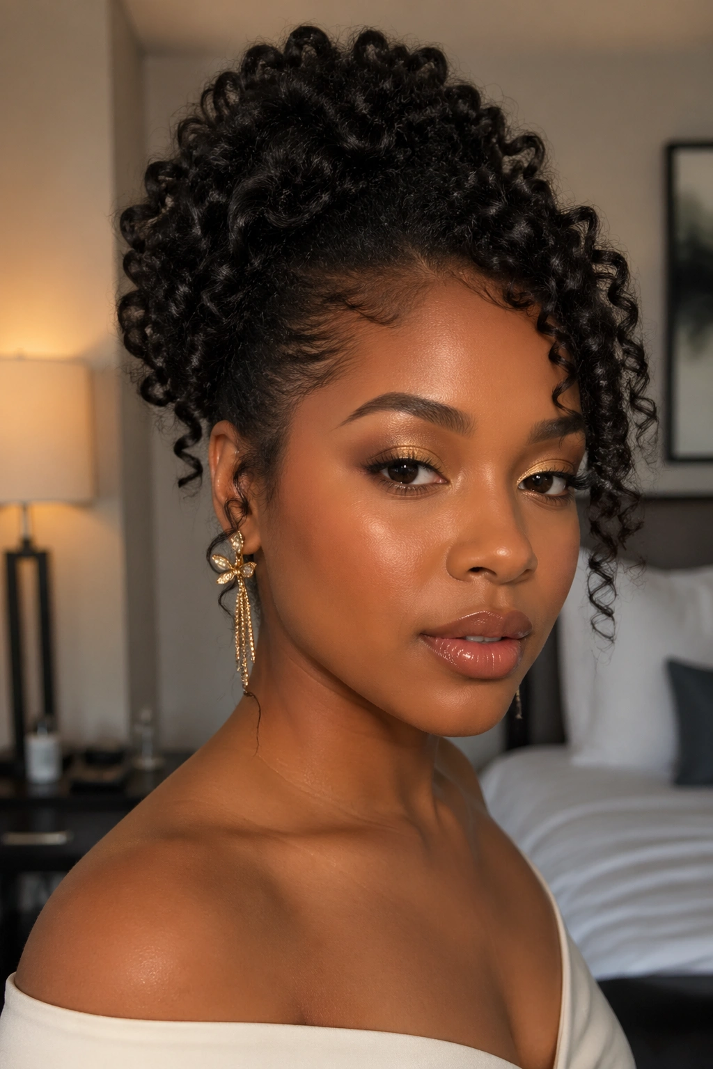 Asymmetrical natural updo with off-center balance