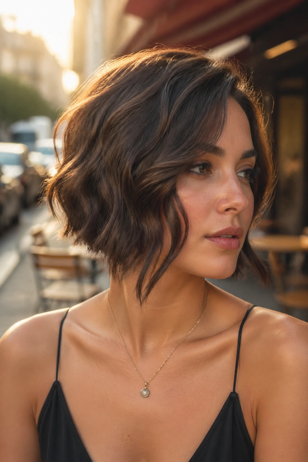 Portrait of a real woman with asymmetrical wavy bob and longer front pieces skimming the cheekbone