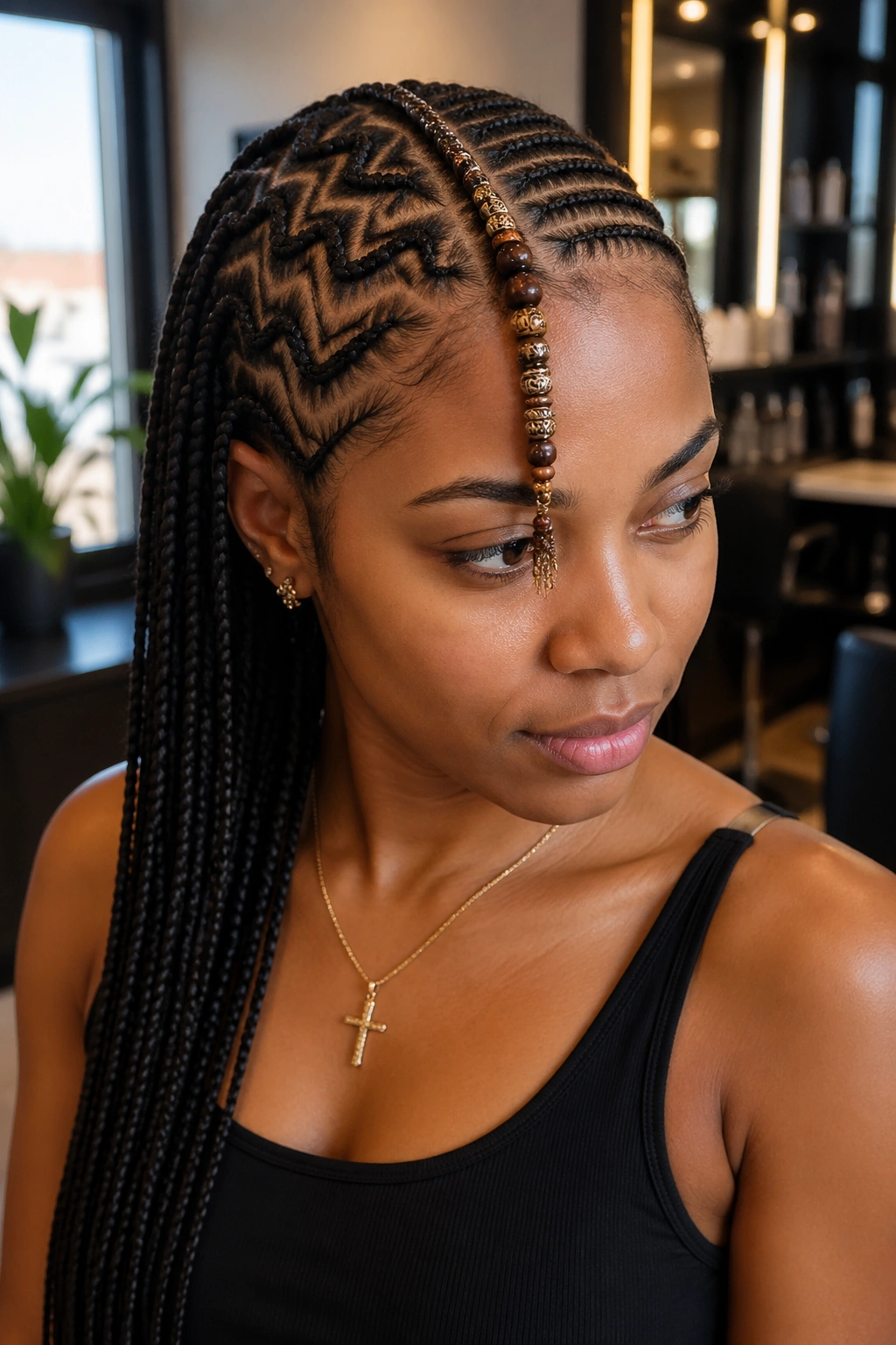 Portrait of a real person with left zigzag braids and a bead-weighted divider bead on the right as focal.