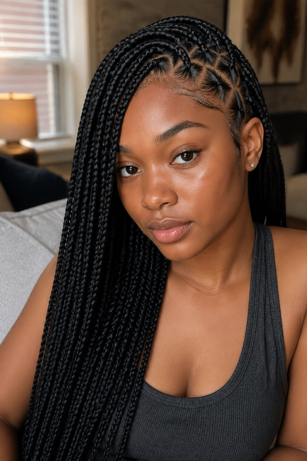 Close-up portrait of a real woman with asymmetrical zigzag box braids, one side heavier, warm window light