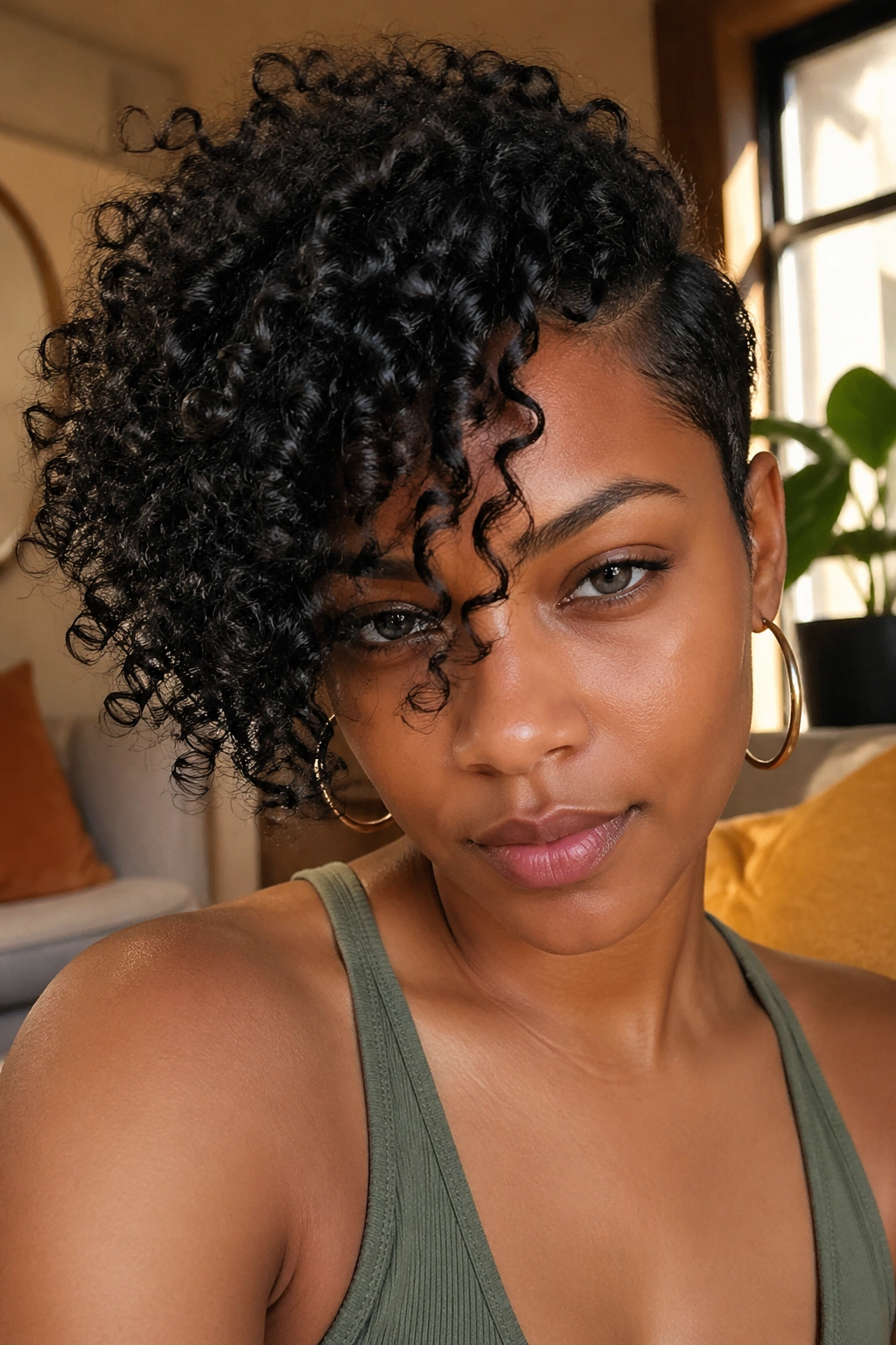 Close-up portrait of a real woman with curly hair and a dramatic side bang emphasizing asymmetrical framing.