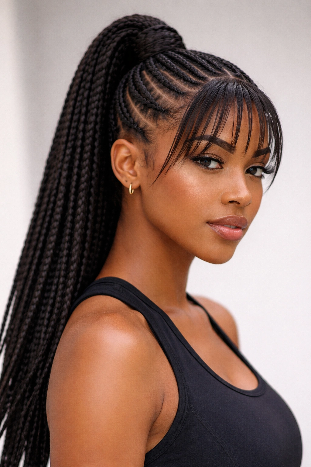 High athletic cornrow ponytail with secure bangs and wrapped base