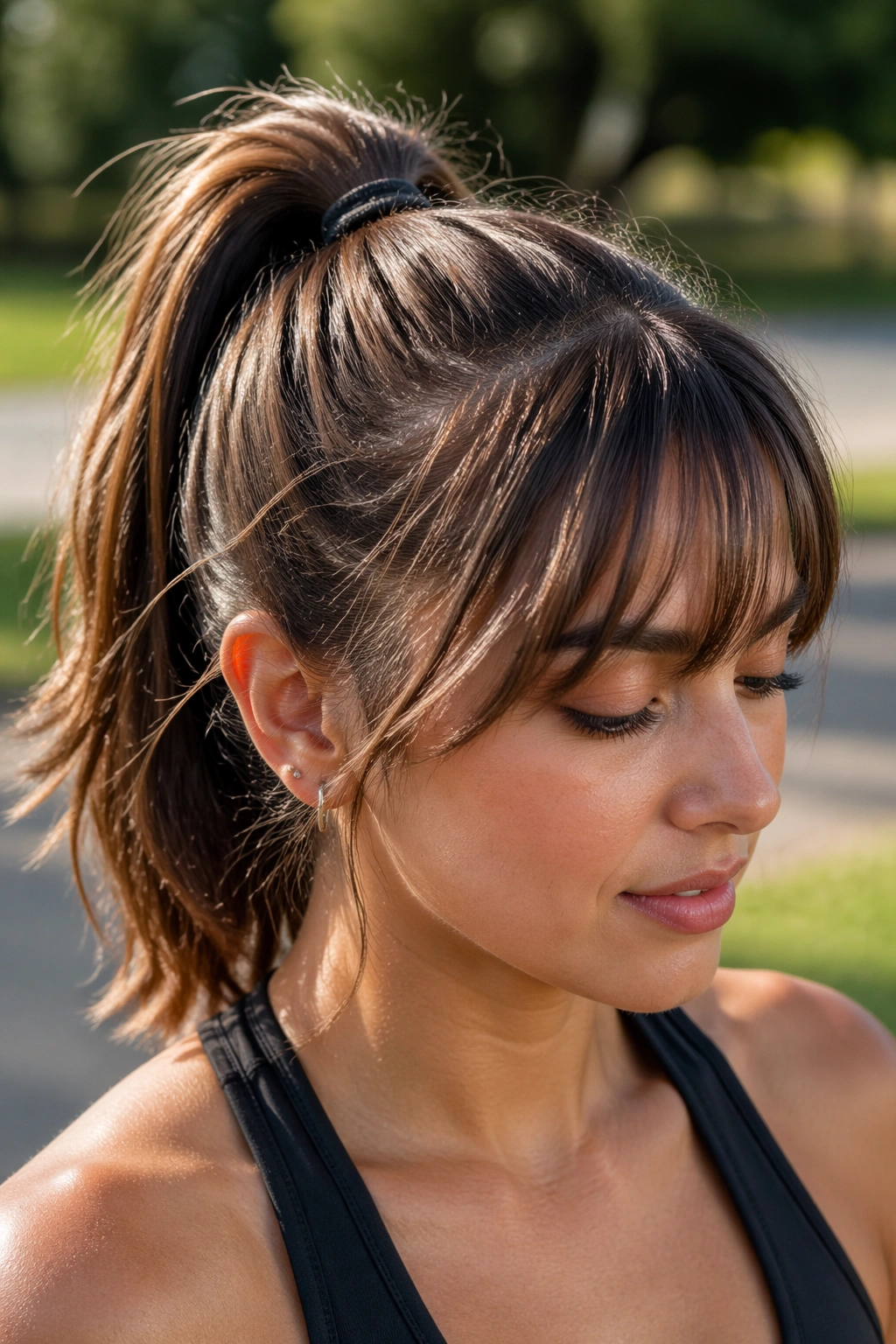 Real woman with high athletic ponytail and soft bangs