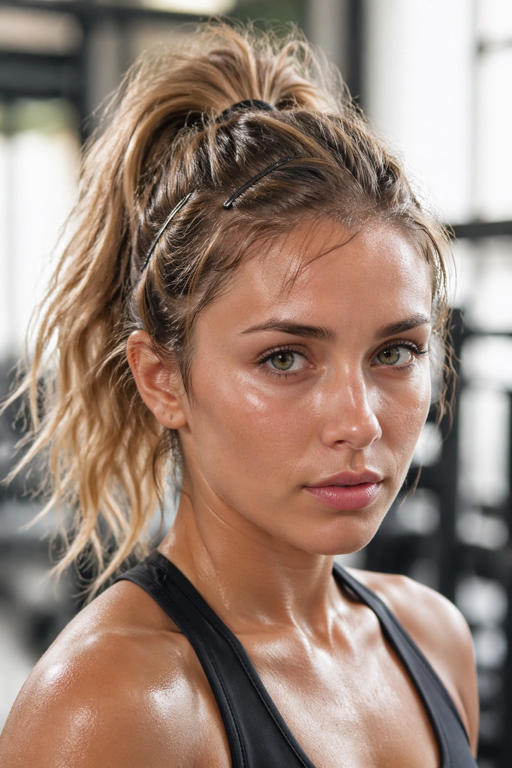 Close-up of a real athlete with a high messy ponytail and light sweat-friendly bangs