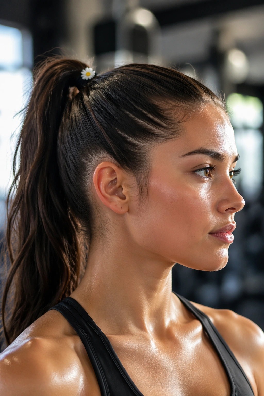 Close-up of a real person with a high athletic ponytail and a tiny daisy at the elastic