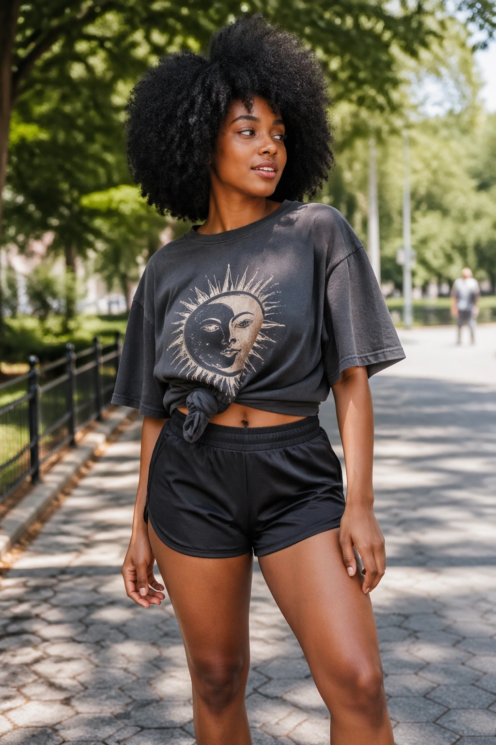 Medium shot of a woman in athletic shorts and knotted oversized tee outdoors