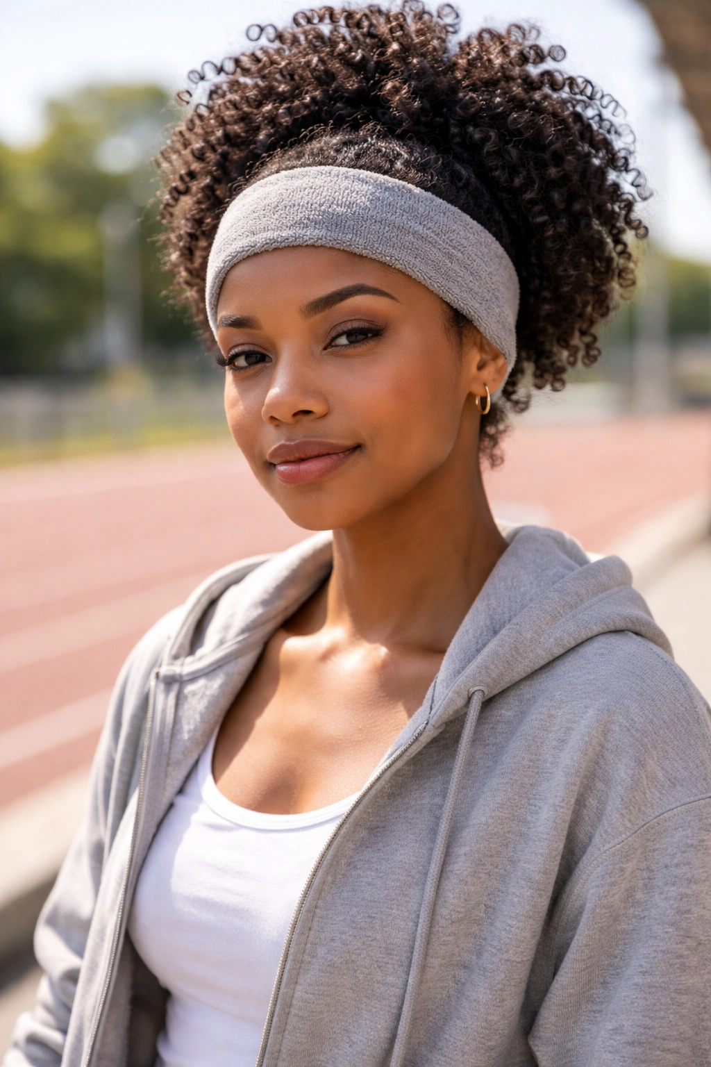 Close-up portrait of a real person wearing a wide athletic sweatband