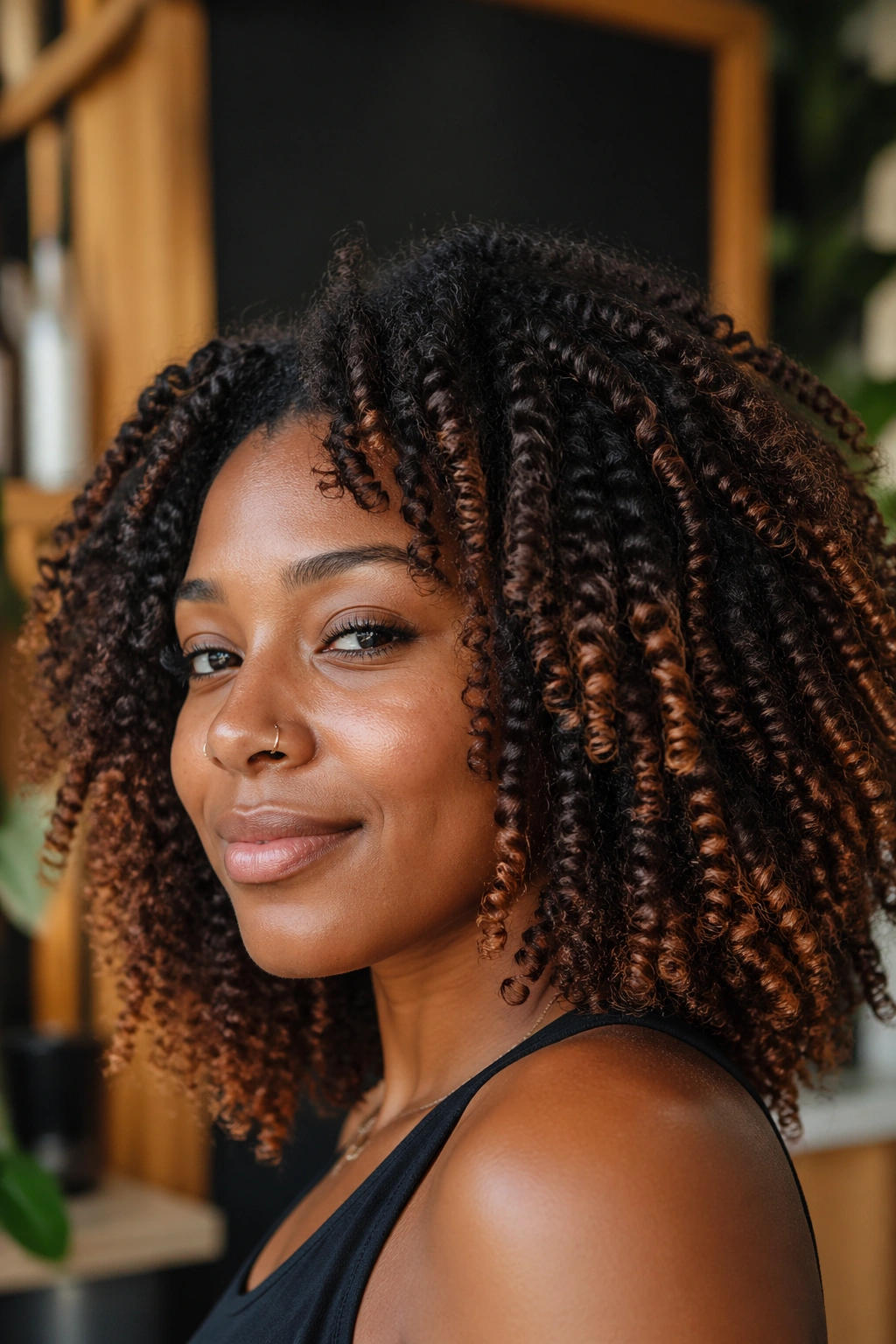 Close-up of auburn balayage on natural coils of a real person