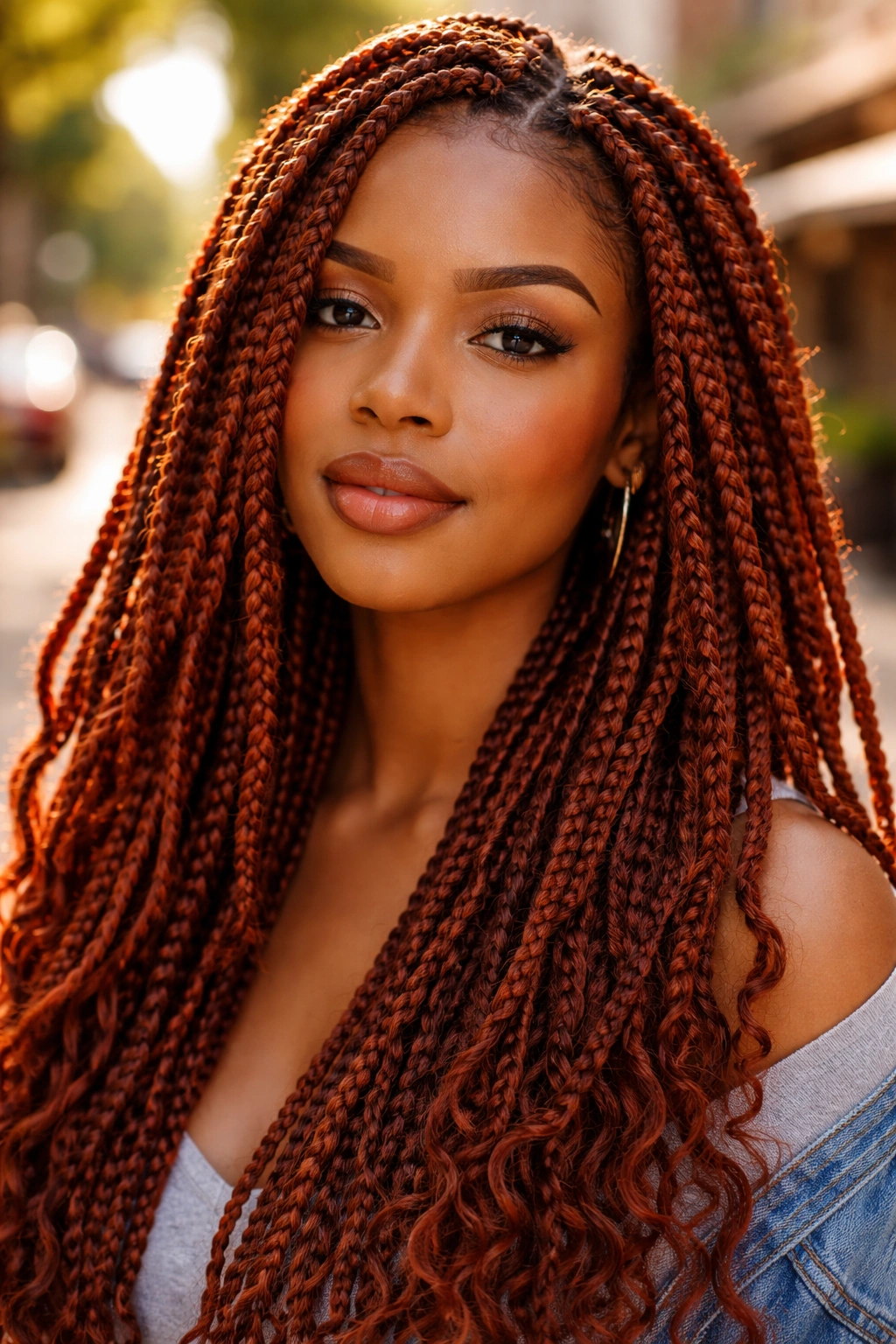 Close-up portrait of a real person with auburn box braids.