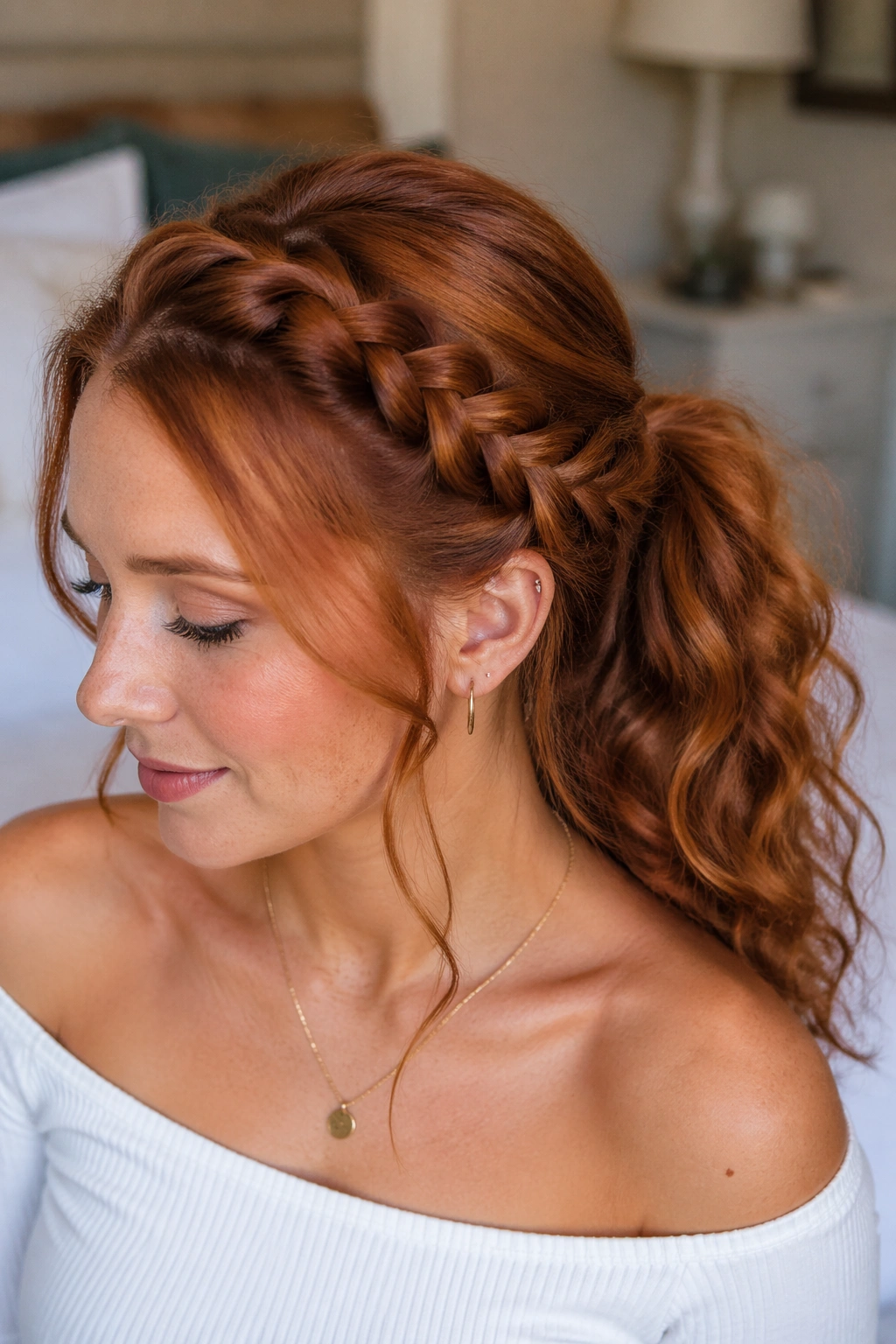 Close-up of an auburn braided crown ponytail on a real woman