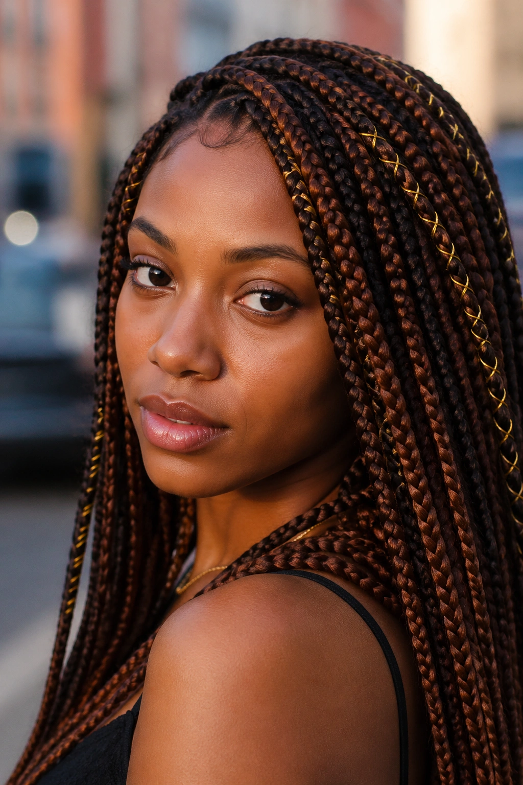 Real woman with auburn box braids and golden threads, portrait