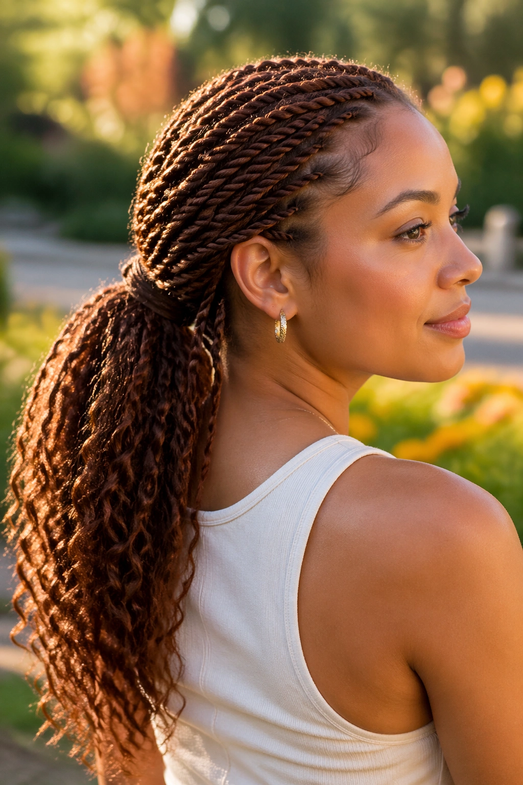 Portrait of real woman with auburn-brown twisted ponytail in sunlit garden