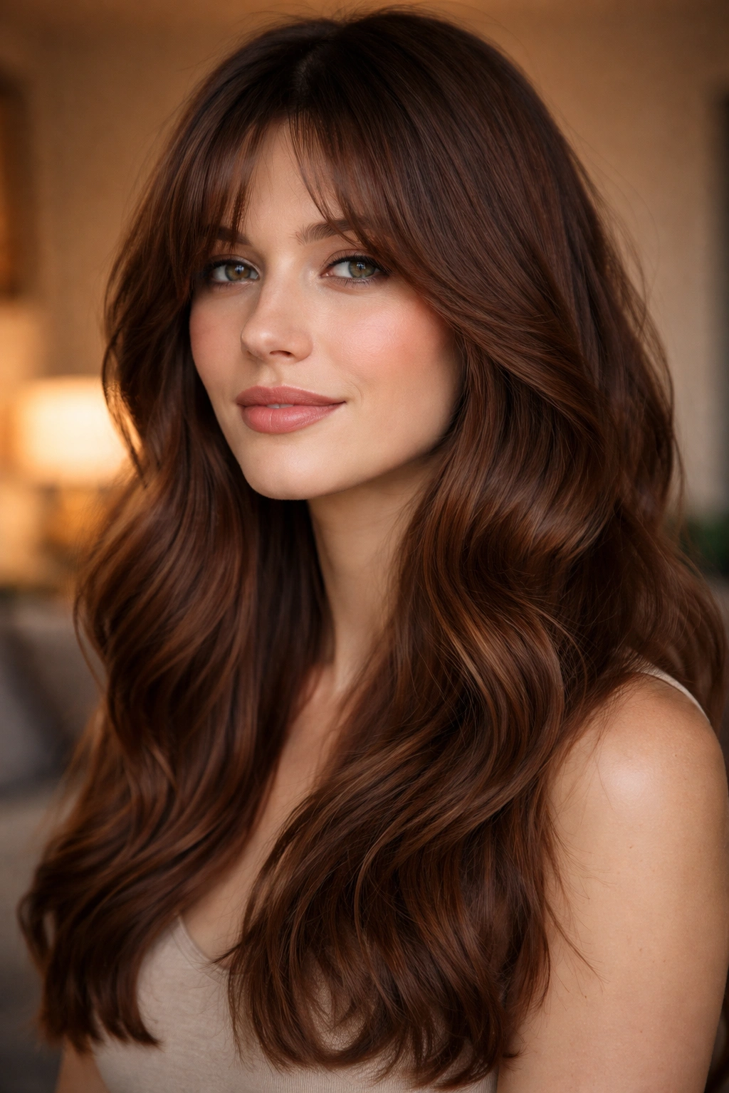 Close-up portrait of a real woman with auburn-brown hair and soft-bend waves.