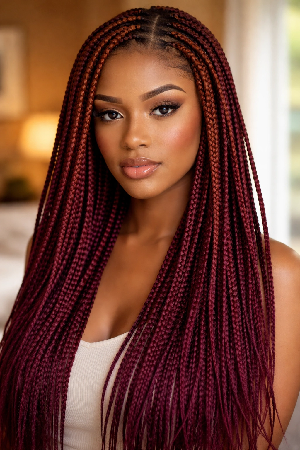 Close-up portrait of a real woman with auburn to burgundy box braids