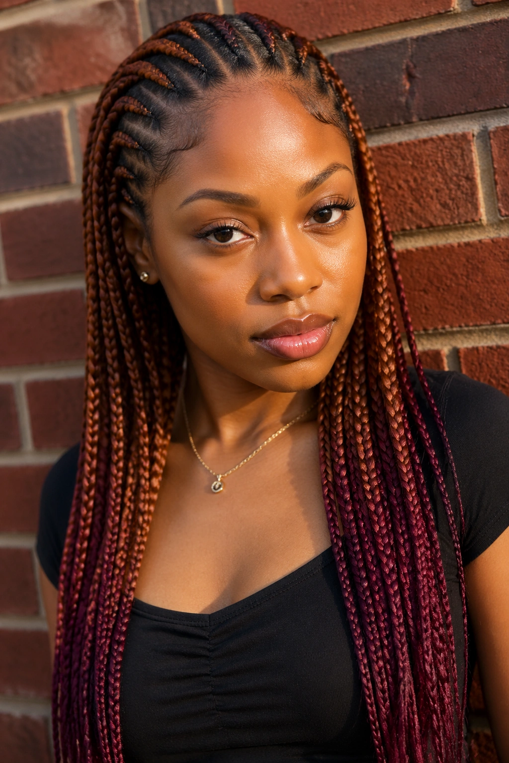 Close-up of auburn cornrows with burgundy tips on real person.