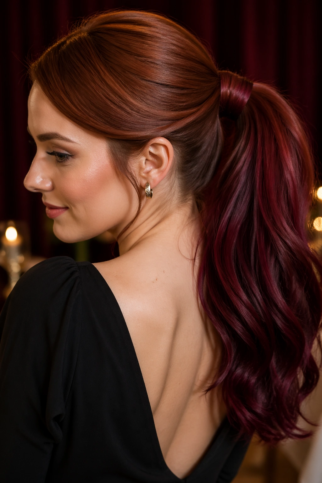 Close-up of a real person with auburn to burgundy wrapped ponytail
