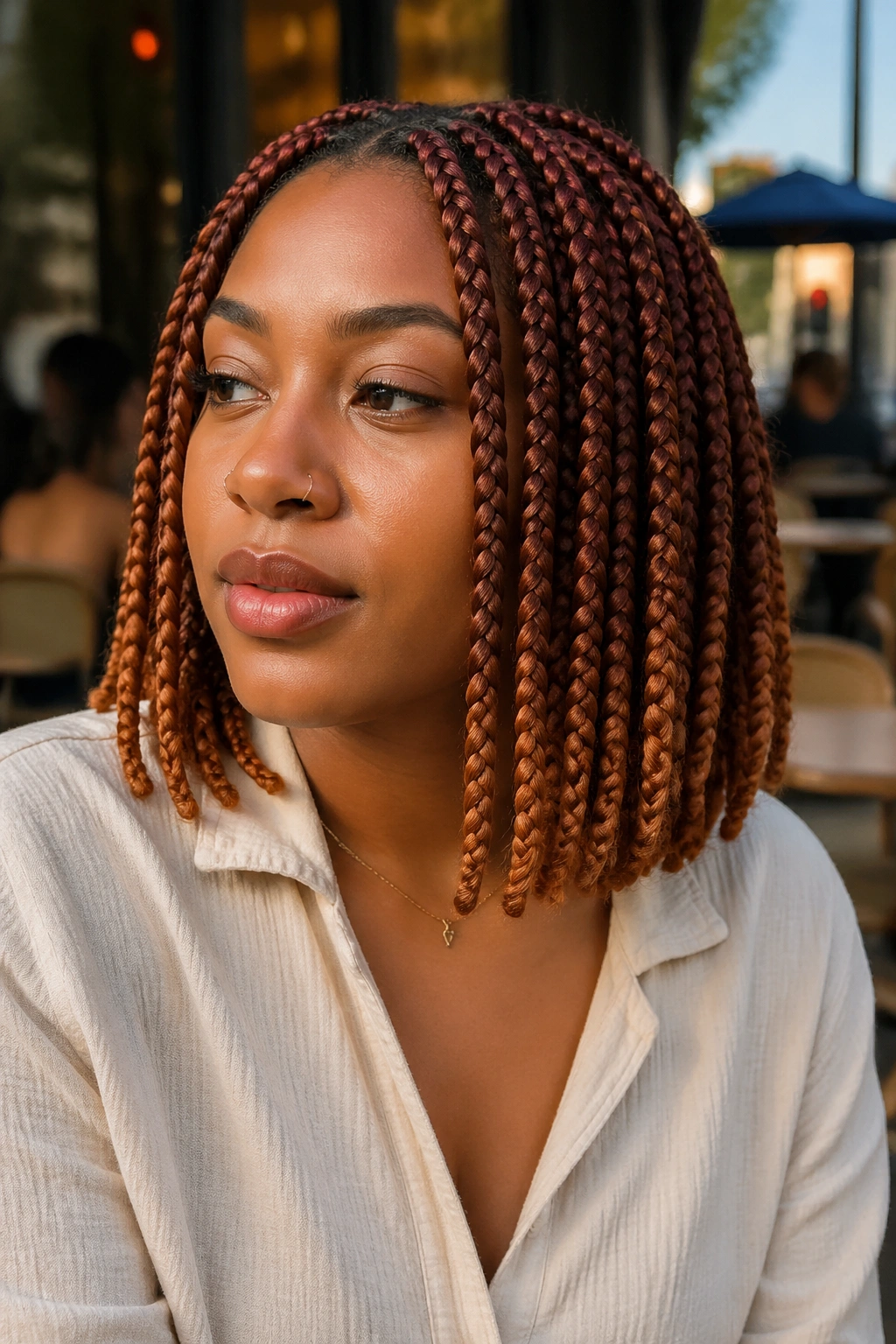 Close-up of auburn to cinnamon shoulder-length ombré braids on a real person