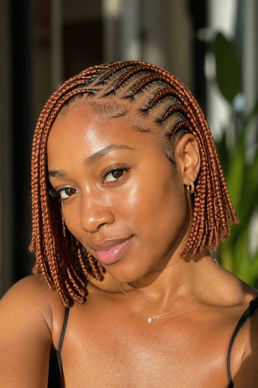 Portrait of a real person with auburn cornrow bob.