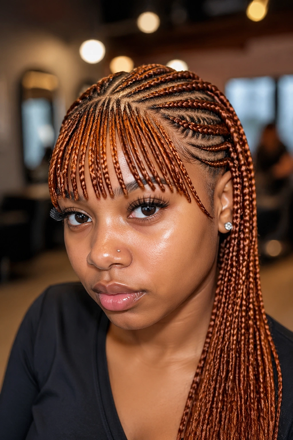 Close-up of auburn cornrow bangs framing a real person's face