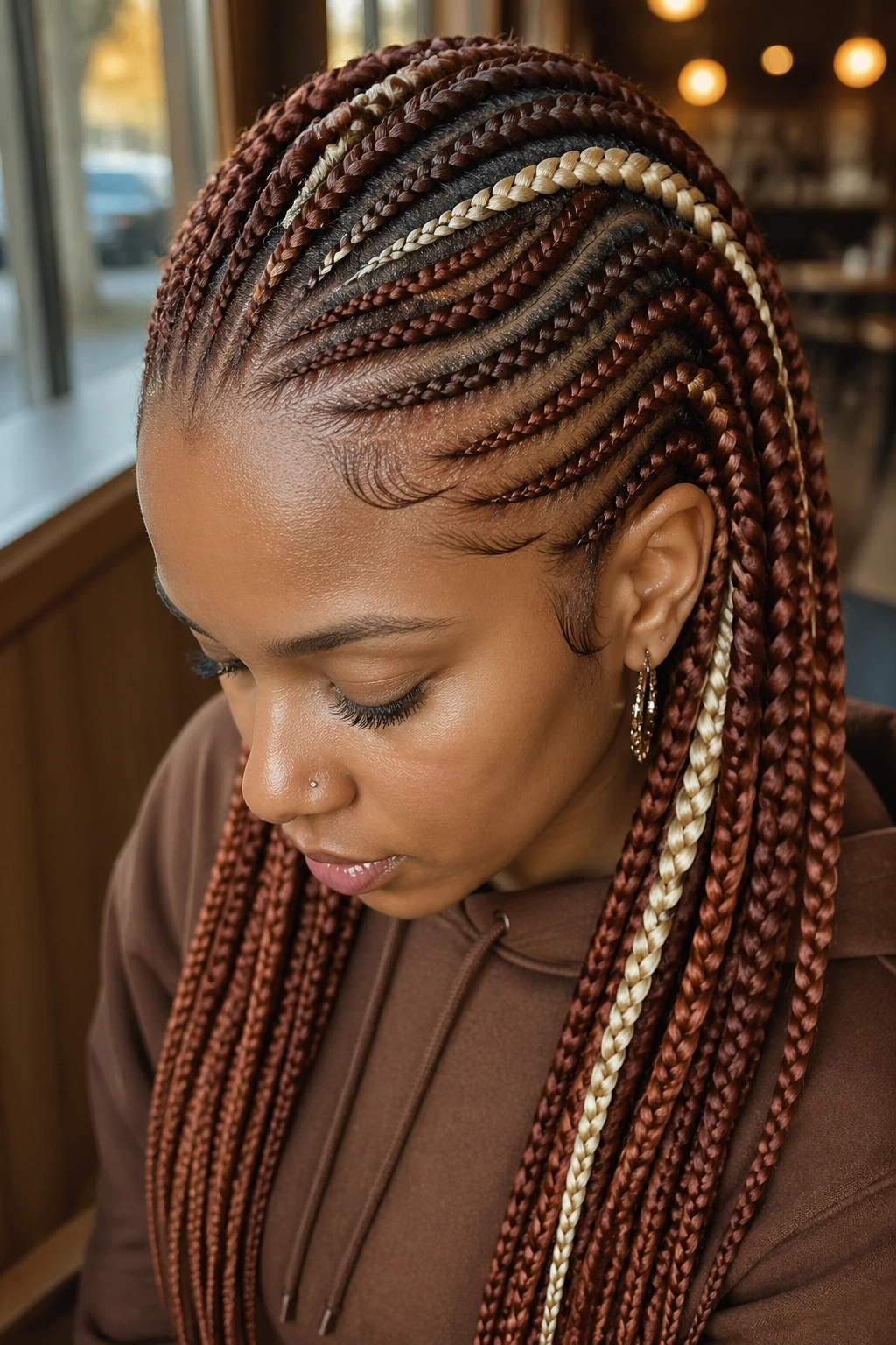 Close-up of auburn cornrows with blonde streaks on a real person