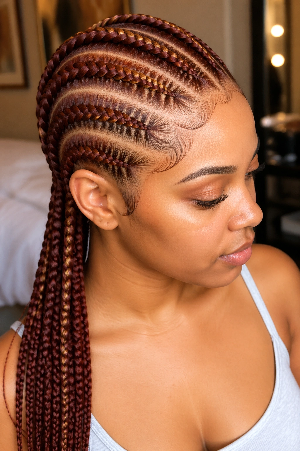 Auburn cornrows with caramel highlights on real person, close-up