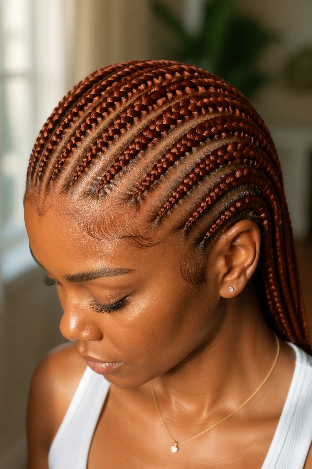 Close-up of a real person with auburn cornrows; defined partings and warm highlights