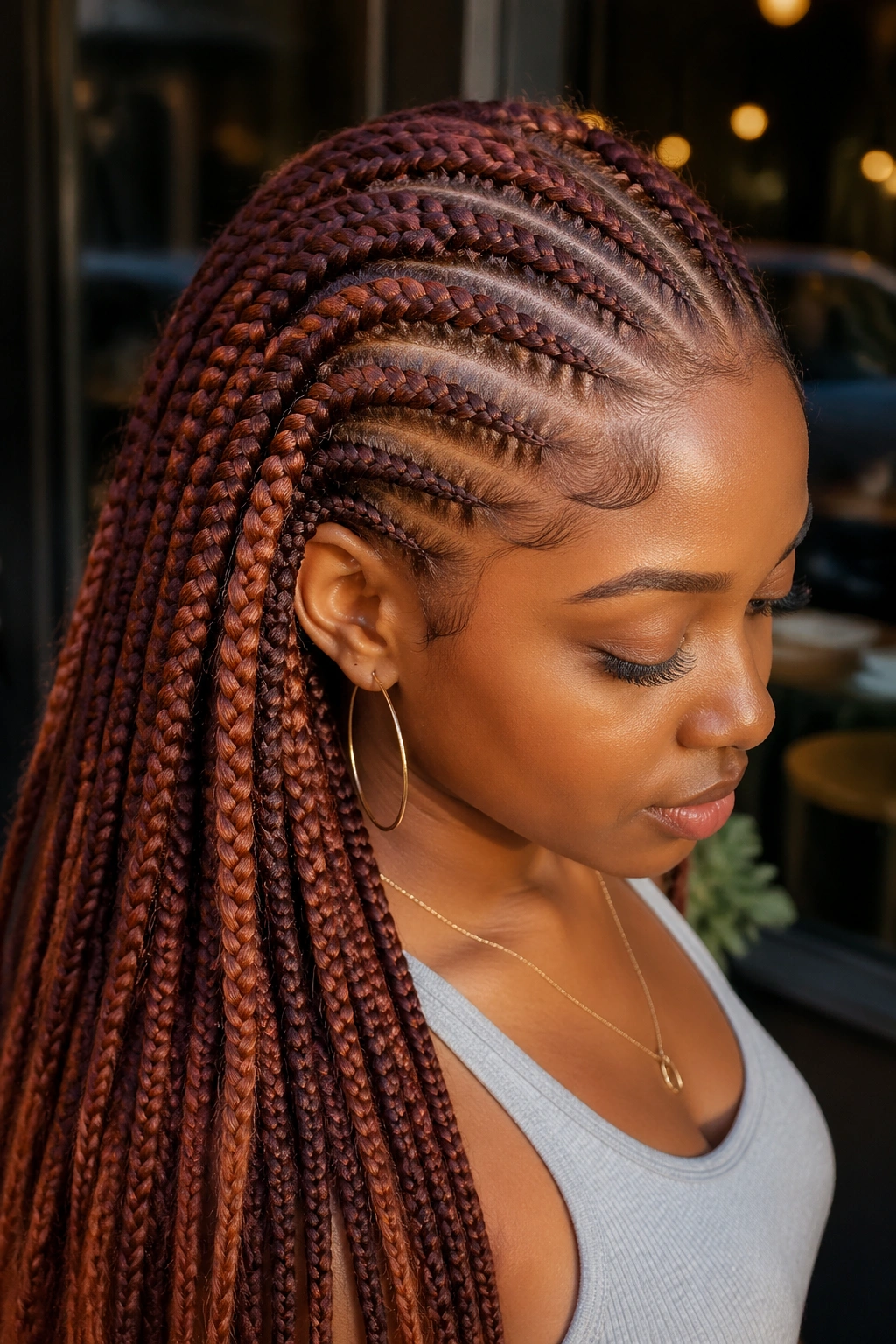 Close-up of auburn cornrows with copper highlights on a real person