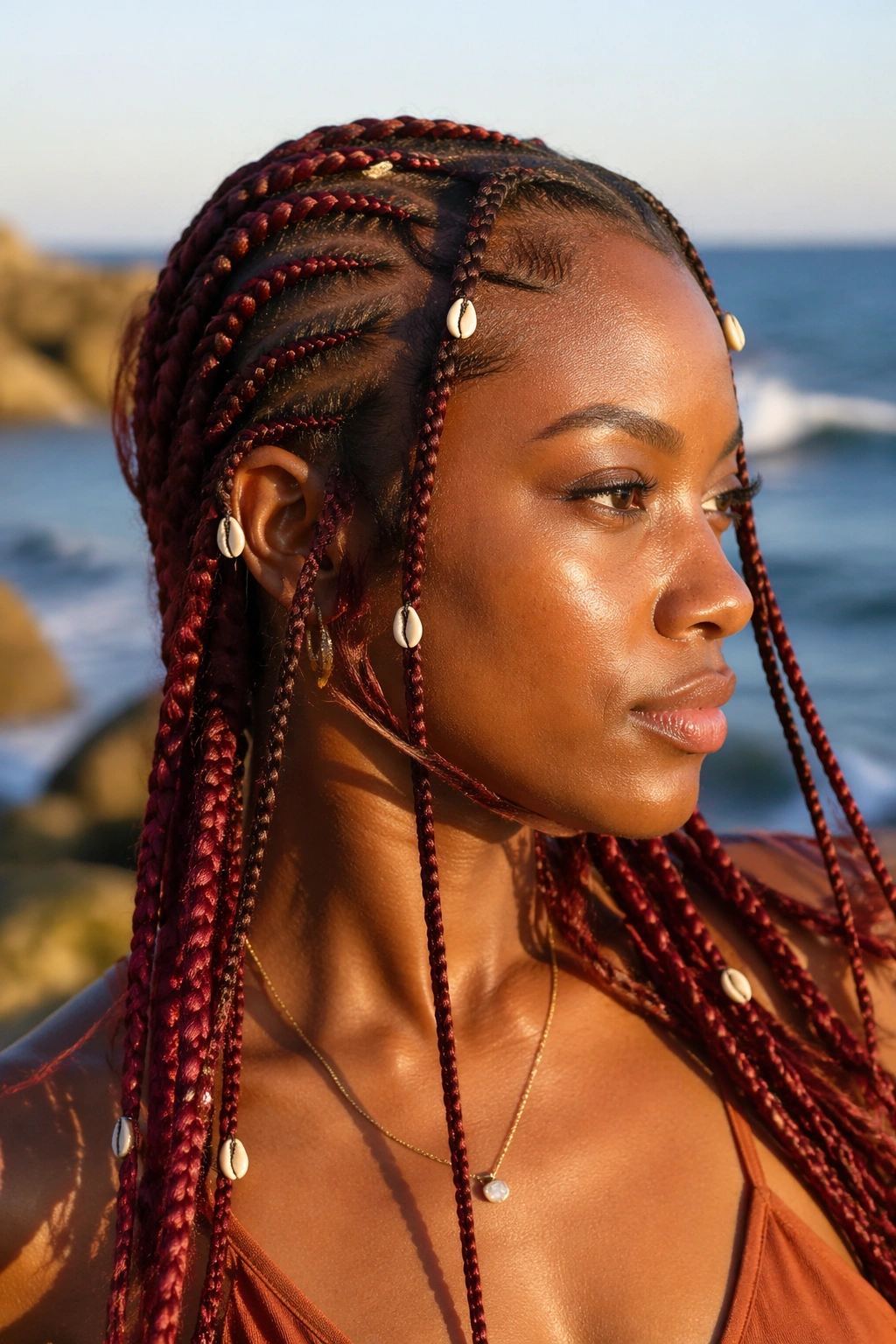 Auburn cornrows with cowrie shell accents on real person