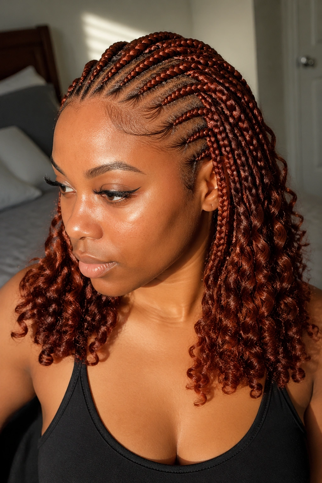 Close-up of a real woman with dense auburn cornrows ending in curly extensions