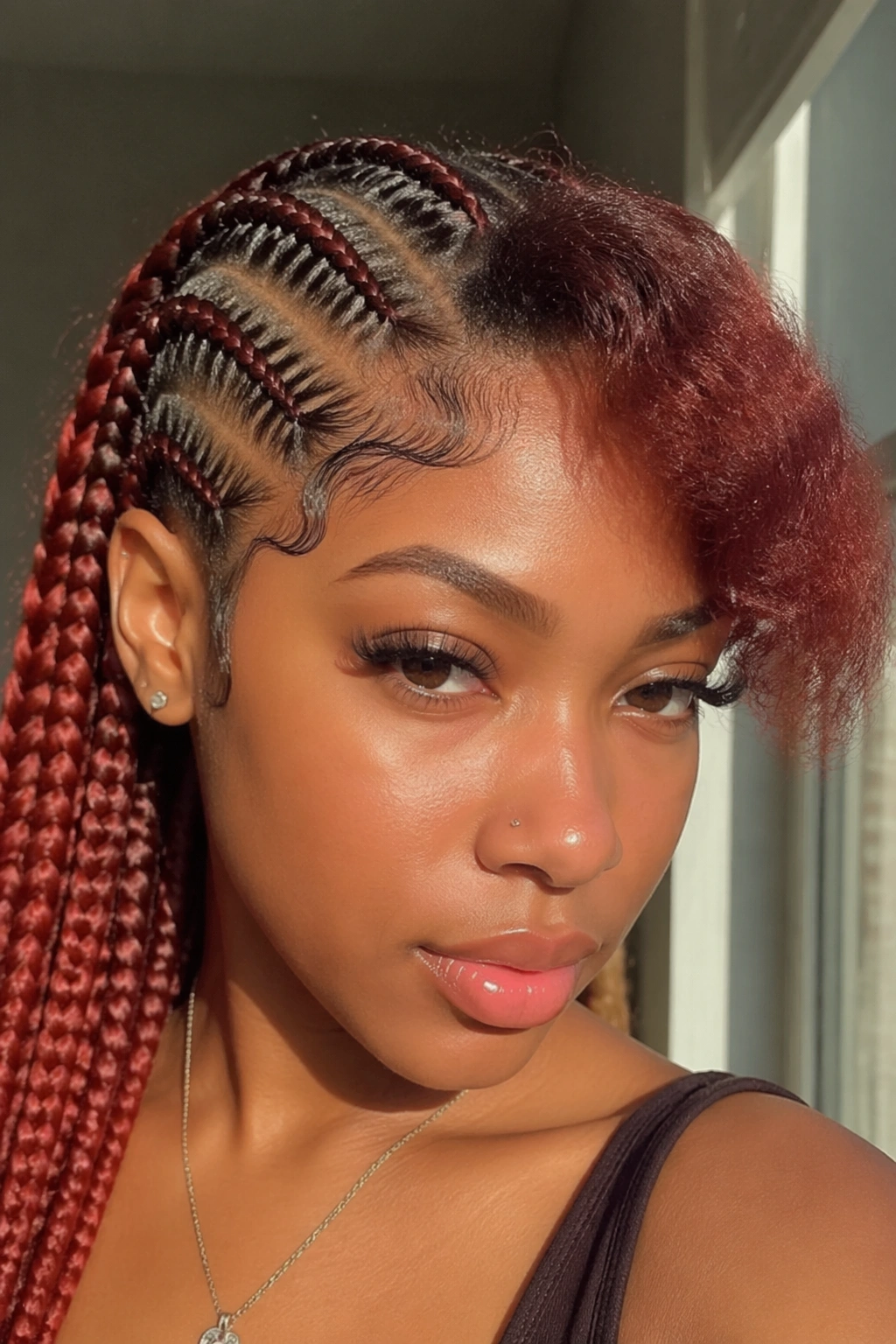 Close-up of auburn cornrows with a front natural hair pop