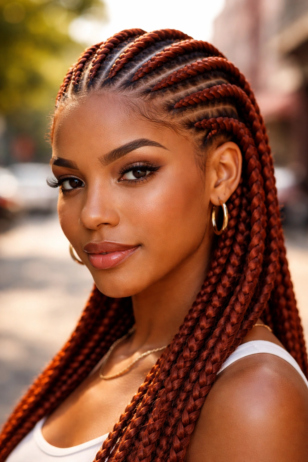 Close-up of auburn cornrows on a real person in natural light
