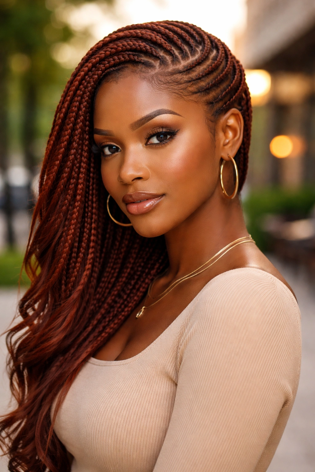 Portrait of auburn cornrows with a side sweep on a real person