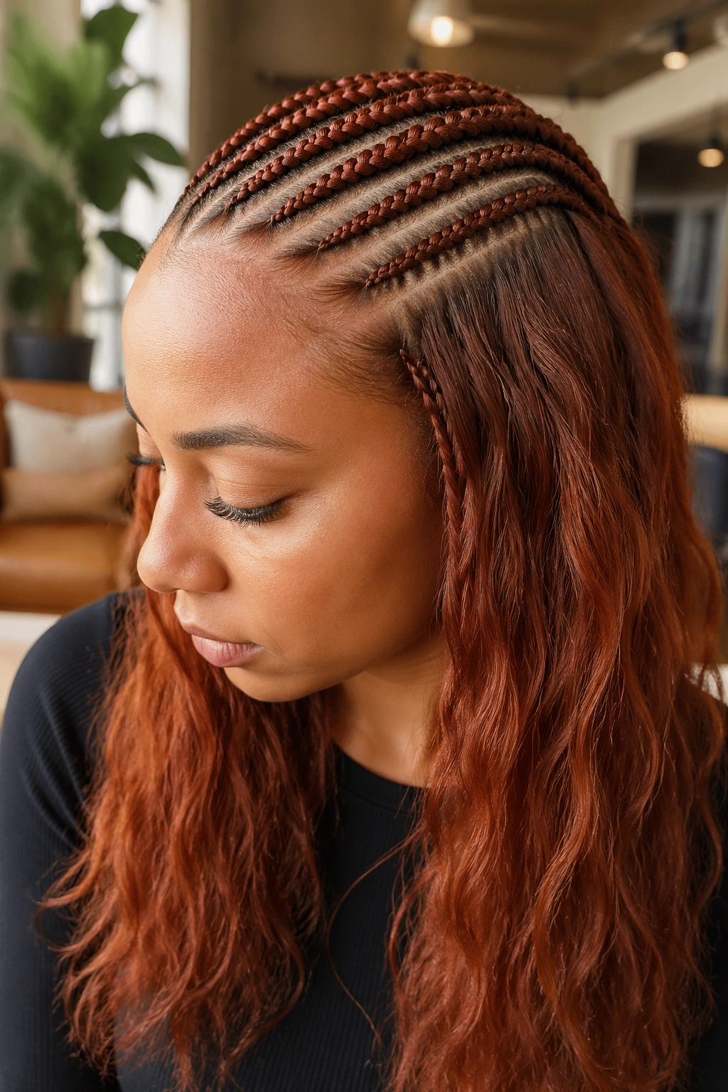 Close-up of auburn cornrows on top with sides down on real person