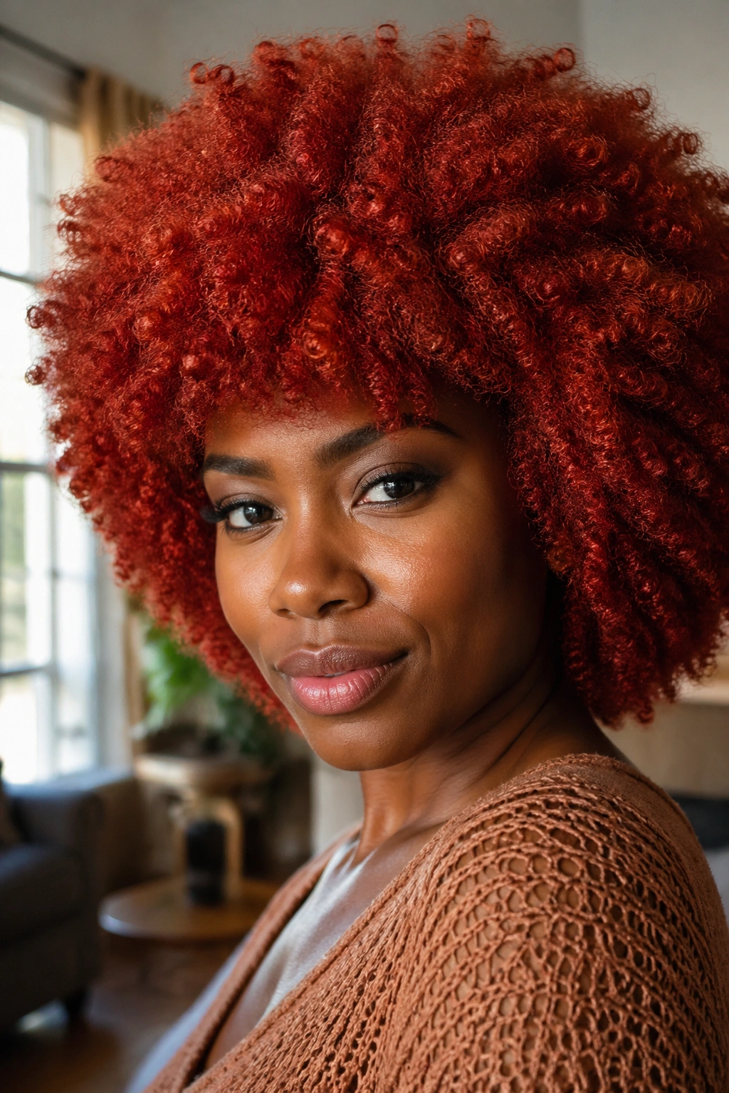 Close-up portrait of a real woman with auburn crochet afro under natural window light.