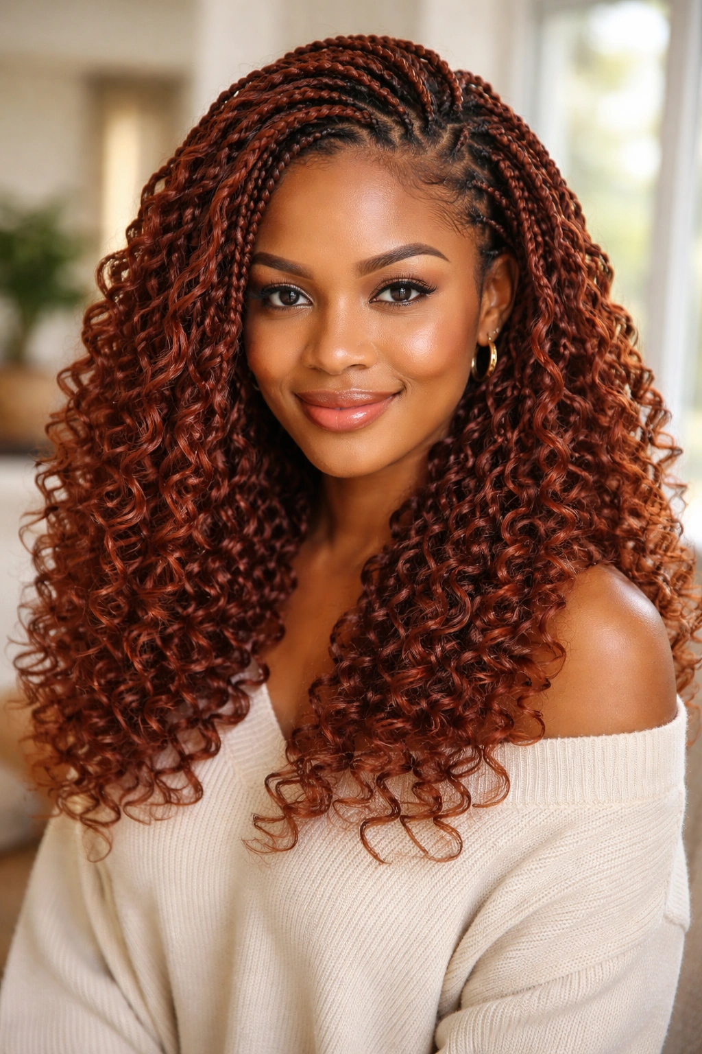 Close-up of auburn crochet braids with curls on a real person in a bright living room