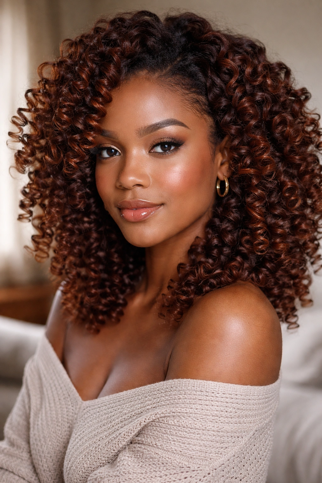 Close-up portrait of a real woman with auburn knot-out curls.