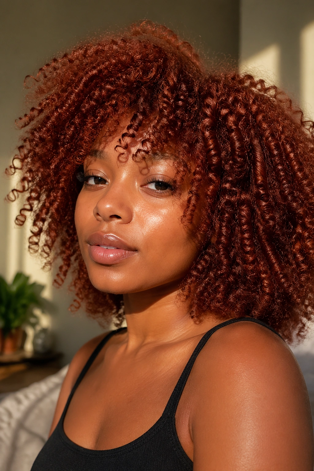 Close-up of a real person with auburn red all-over curly color in warm window light
