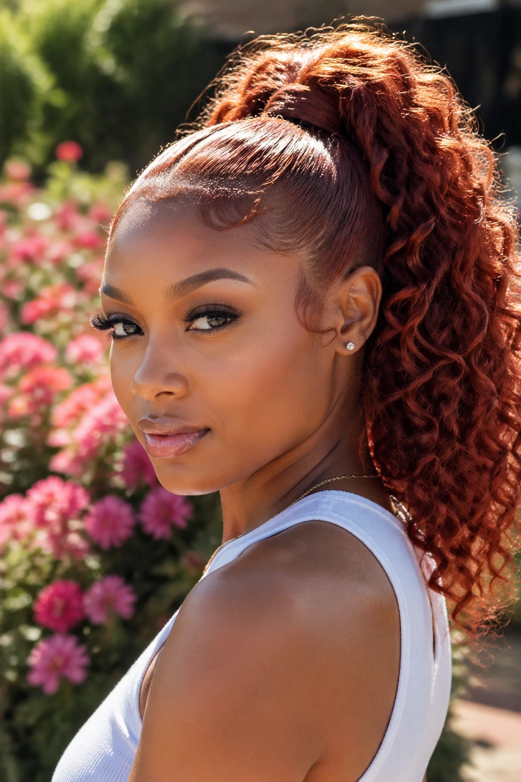 Real woman with auburn curly ponytail showing soft edges and movement in sunlight