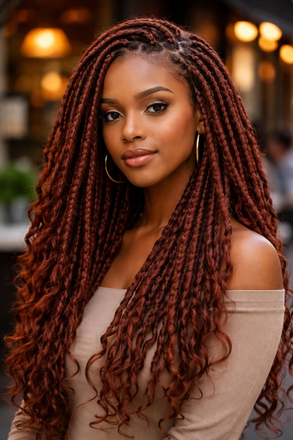 Close-up of a real woman with long auburn faux locs wrapping from root to tip