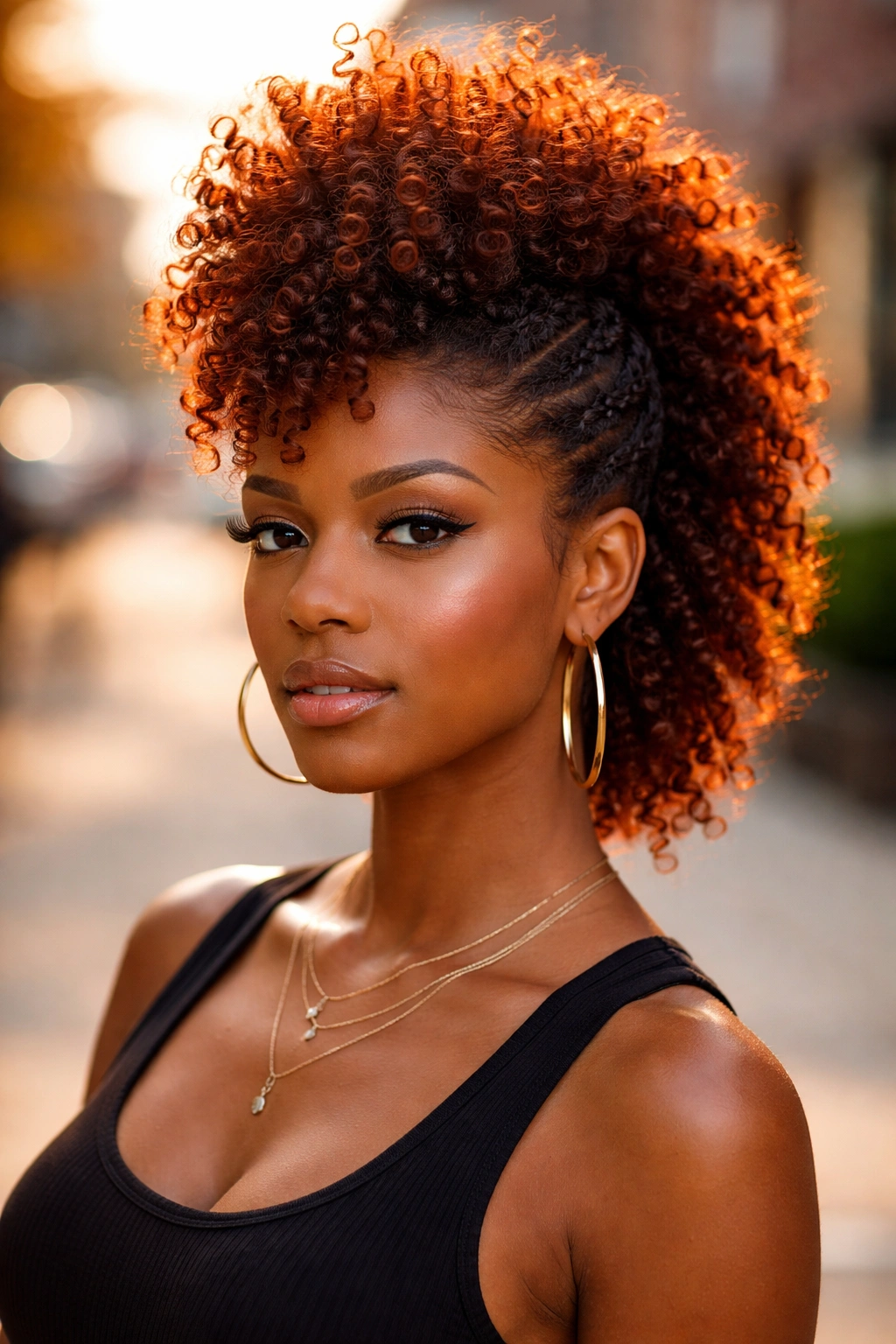 Close-up portrait of a real person with an auburn frohawk.