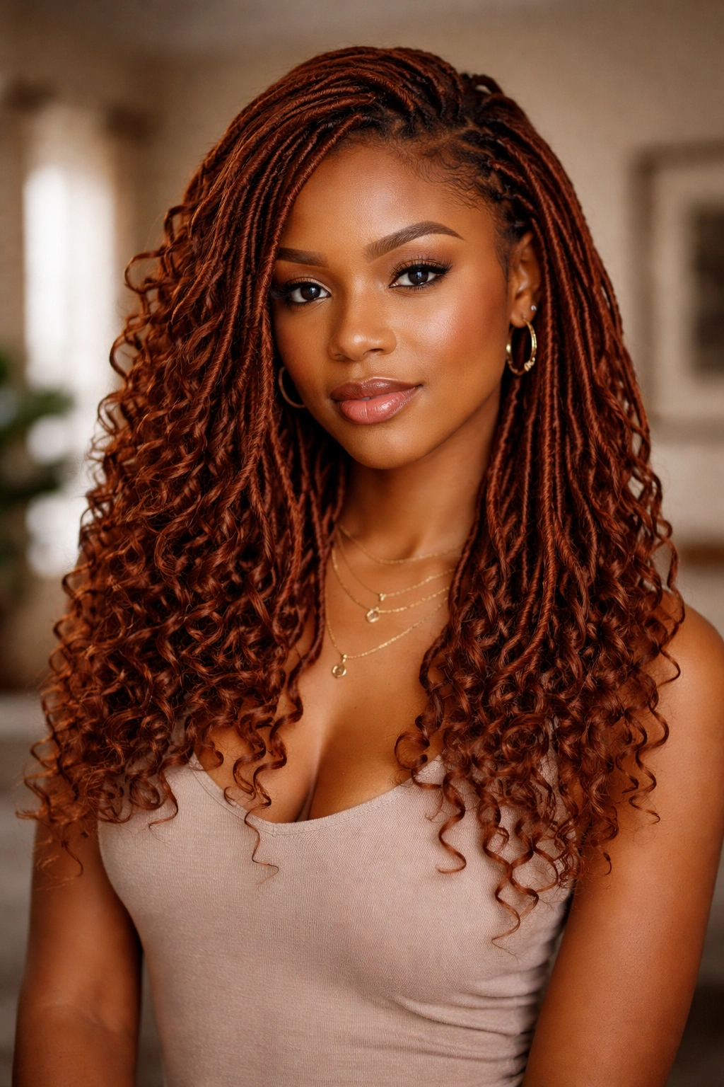Medium close-up of a real person with auburn goddess locs.