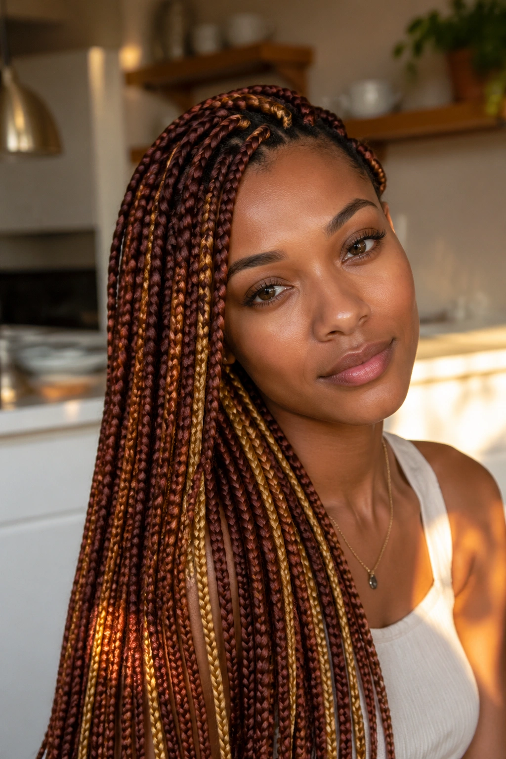 Close-up of auburn and gold-toned box braids highlighting warm color.