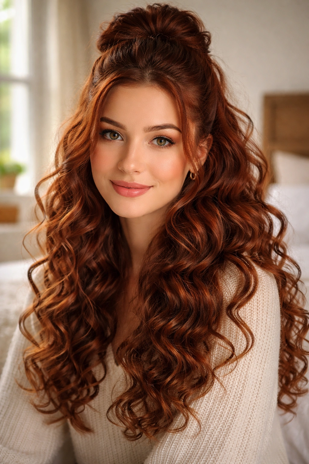 Close-up of auburn half-up half-down hairstyle on a real person