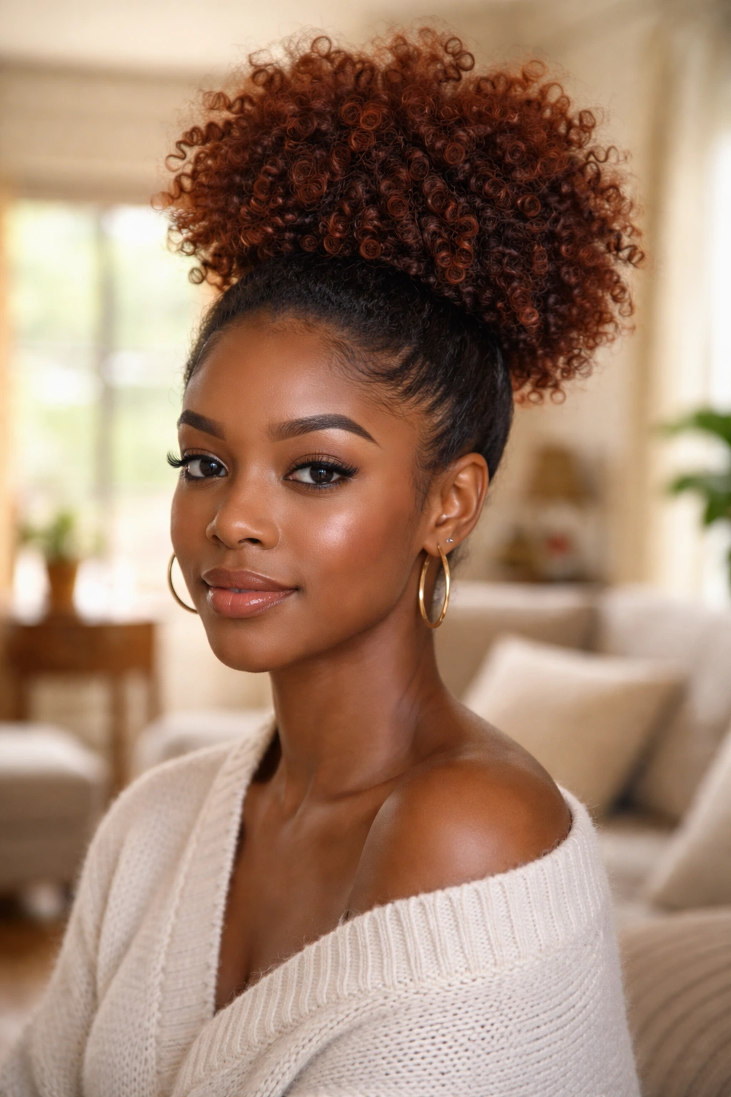 Close-up portrait of a real person with an auburn high puff.