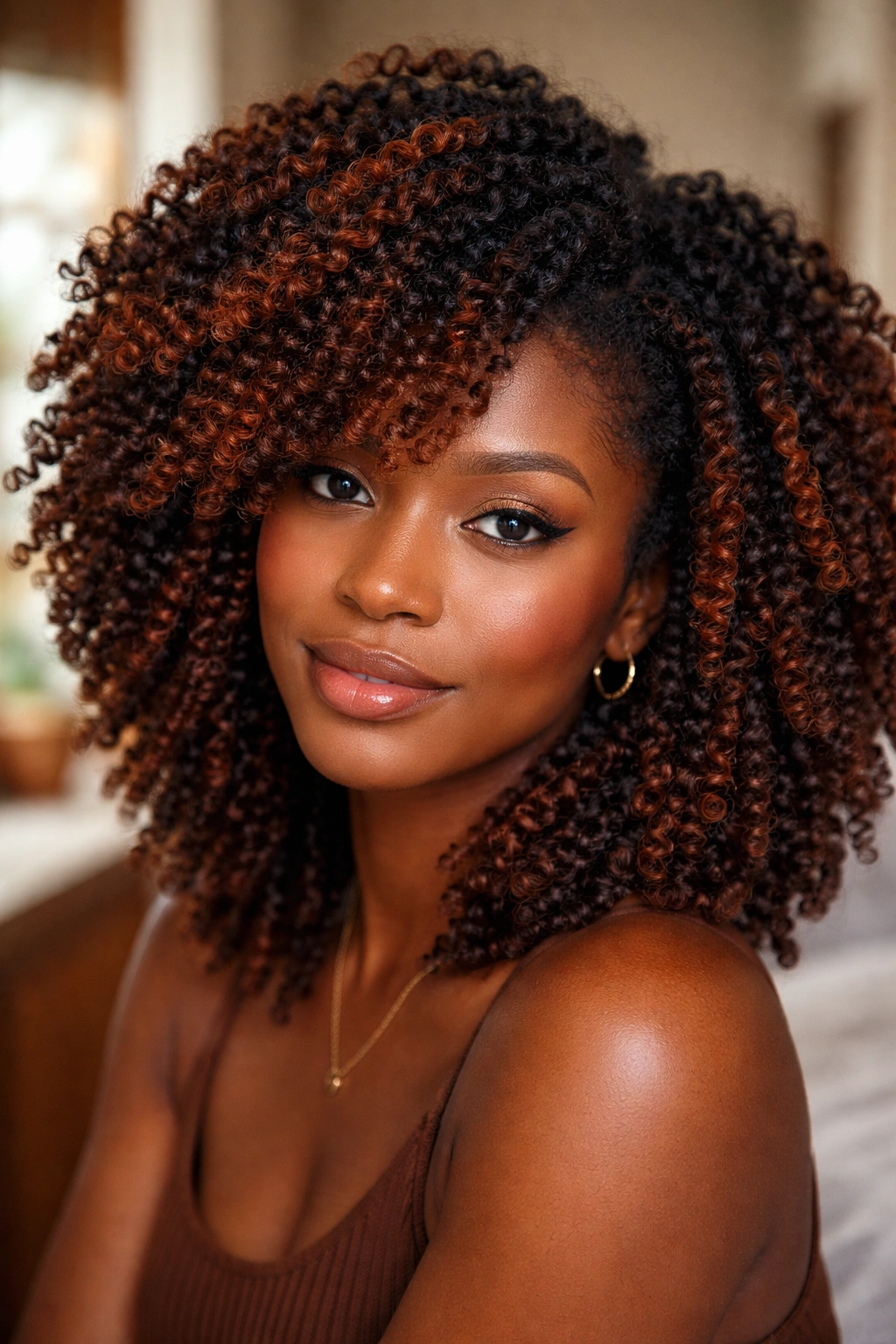 Close-up of auburn-highlighted 4c curls on a real person