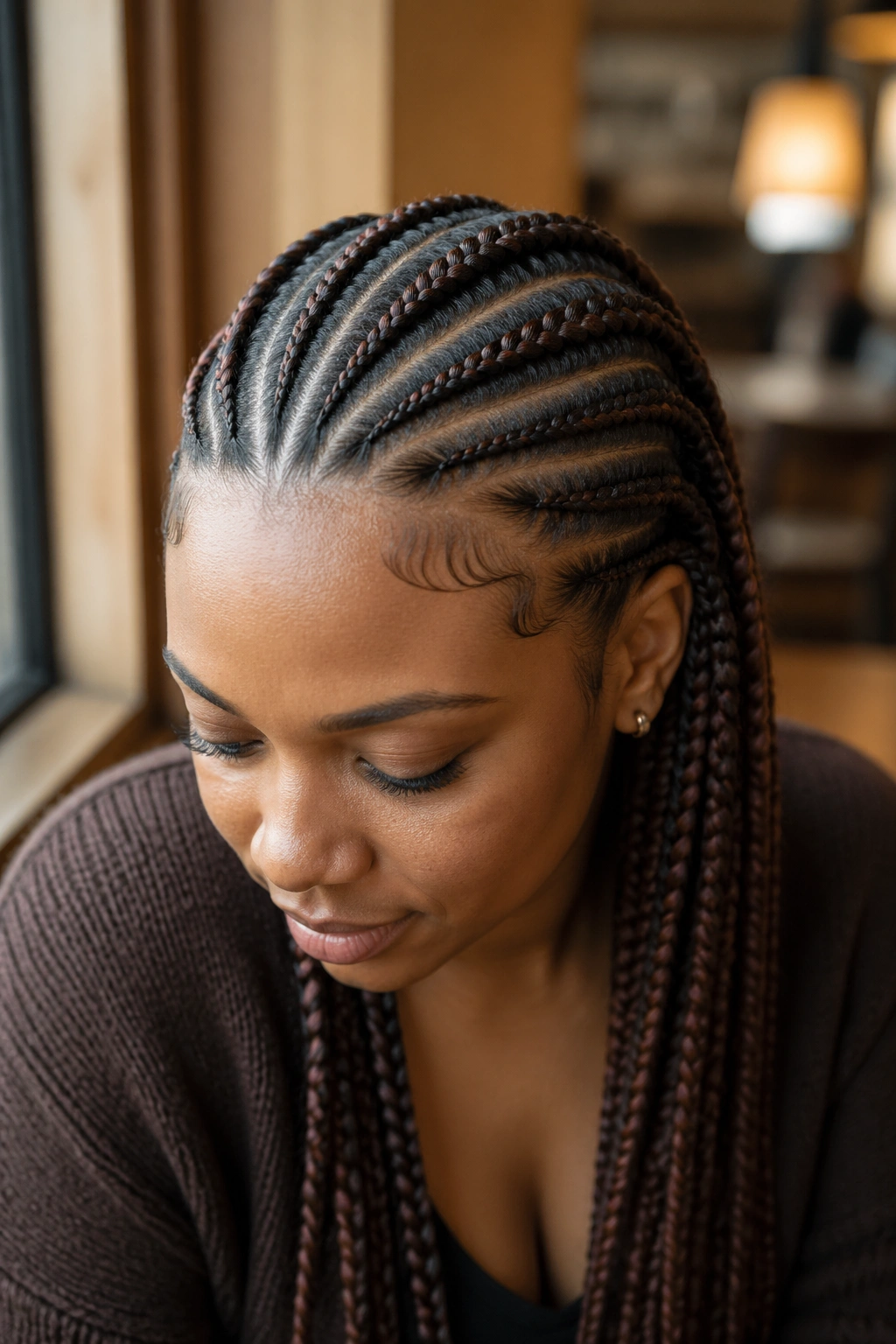 Close-up of dark brown cornrows with subtle auburn highlights