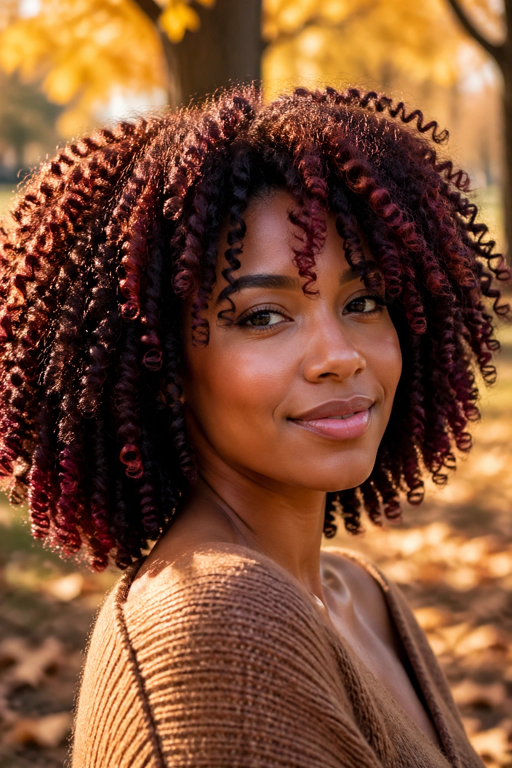 Real woman with auburn wine-toned highlights on curly hair in fall light